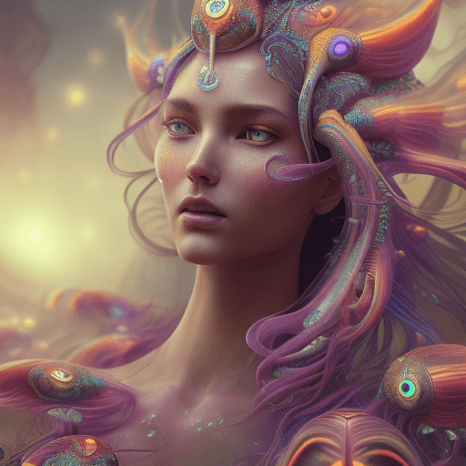 AI generated: Goddess close-up portrait ribcagel. jellyfish phoenix head, nautilus, orchid, skull, betta fish, bio...