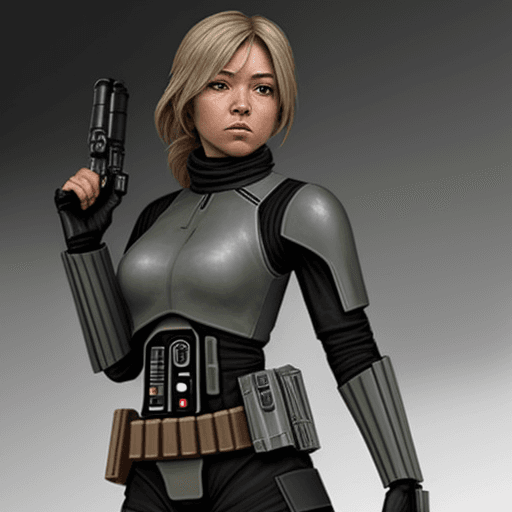 AI generated: female bounty hunter with a stealthy and technological suit star wars universe very original