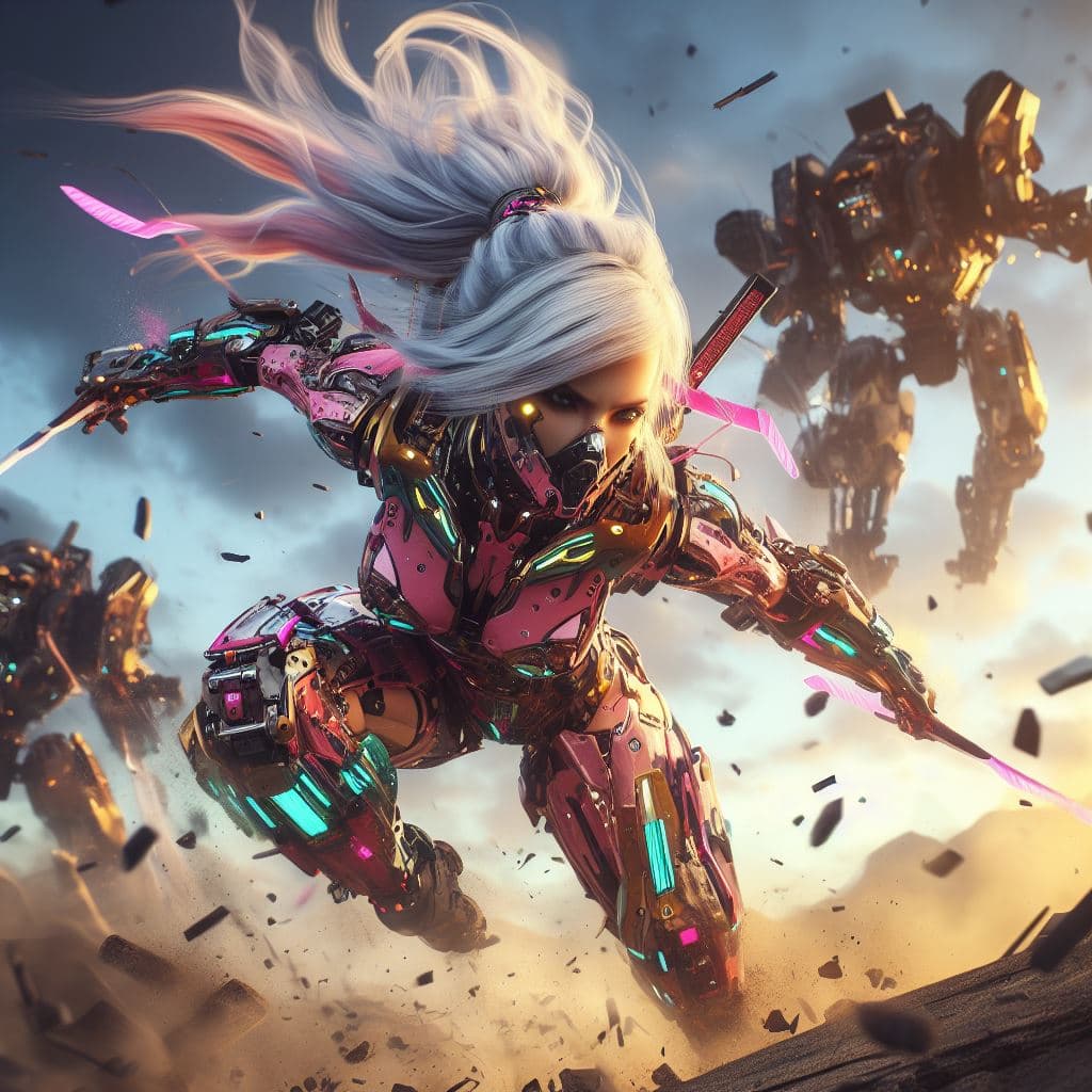 AI generated: urbanpunk, low angle shot, a pretty cyborg ninja with multicolor notched light cyberpunk armor, pret...