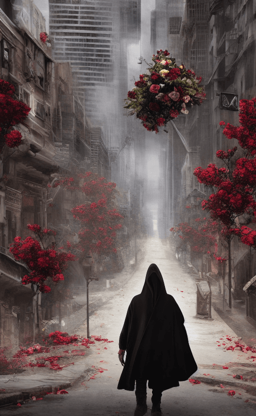 AI generated: post-apocalyptic panoramic cityscape with a dark hooded figure holding a bouquet of roses in the str...