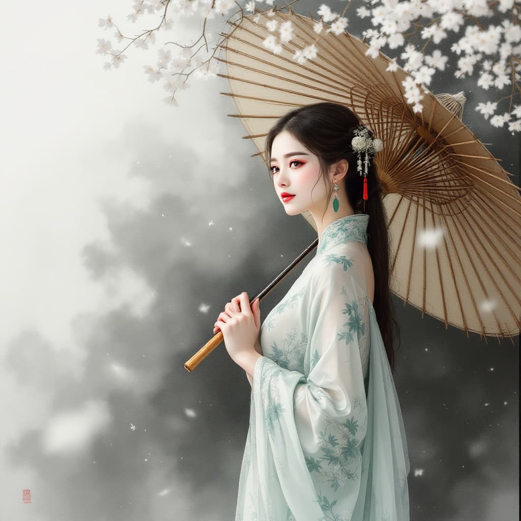 AI generated: painting of a woman dressed in traditional Chinese dress with a bamboo umbrella, in the style of rom...