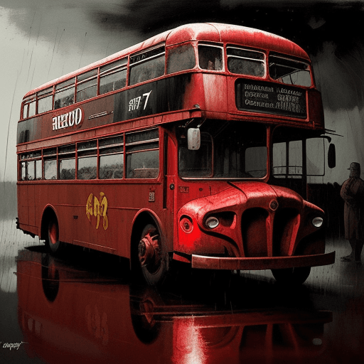 AI generated: red race bus, in the style of sam spratt, historical illustrations, old masters, genndy tartakovsky,...