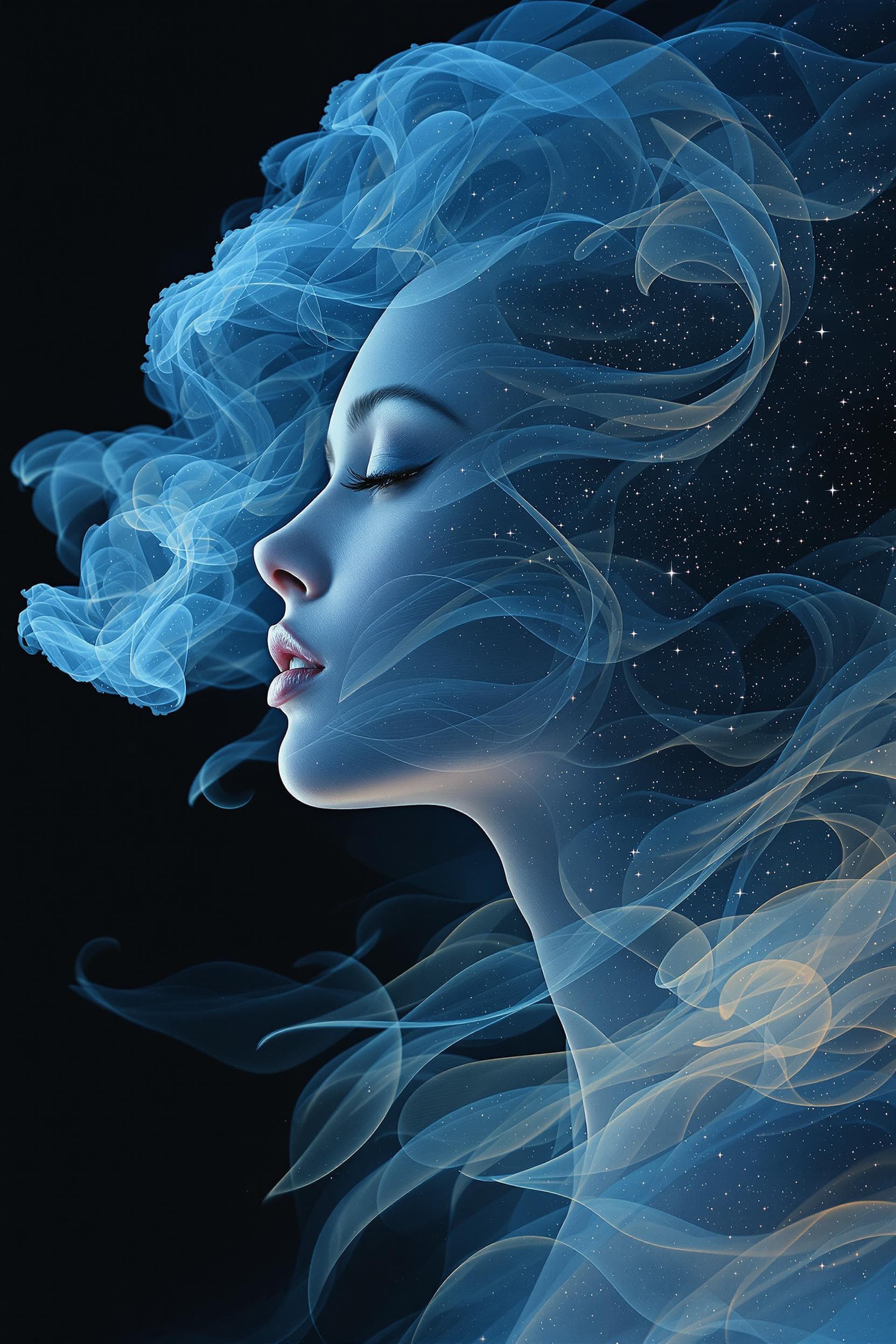 AI generated: surreal semi realistic landscape photograph, cool blue light to dark gradients, muted soft tones, da...