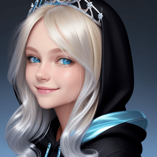 AI generated: medium length blond hair, blue eyes, girl, closeup, silver tiara, smile, side view, 
black hoodie