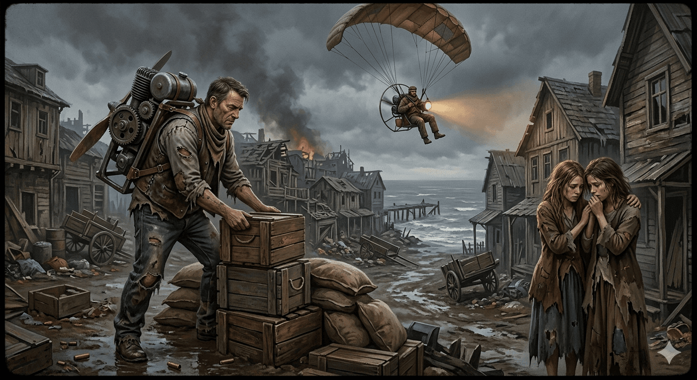 AI generated: The year is 1919, there is a war going on, a lot of poverty, the background is a town with dilapidat...