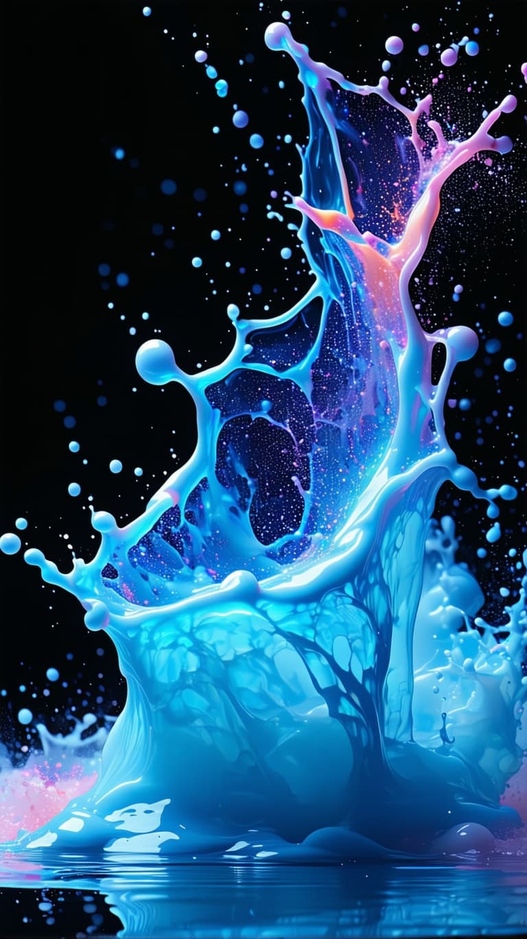 AI generated: glowing holographic milky fluid splashes, with powder, black background, hq abstract background fine...