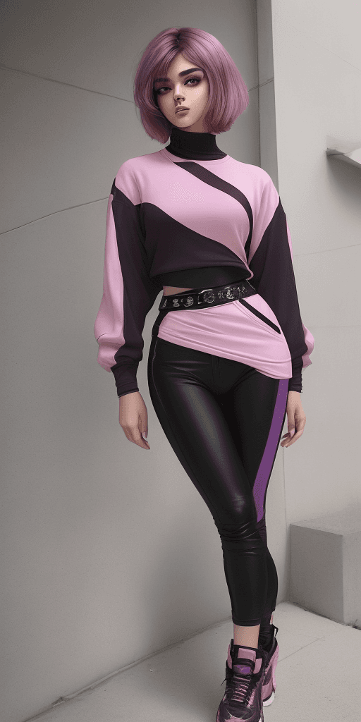 AI generated: A young woman, approximately 24 years old, with long hair shades of blonde, purple, and black. She h...