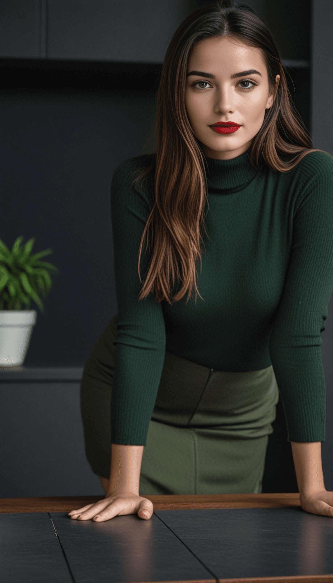 AI generated: A confident woman with fair skin, red lipstick, and long brown hair, wearing a dark green turtleneck...