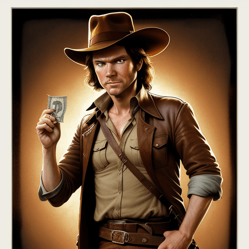 AI generated: Javier Milei as Indiana Jones, with dollars in his hand and in the other hand a whip. Disney Charact...
