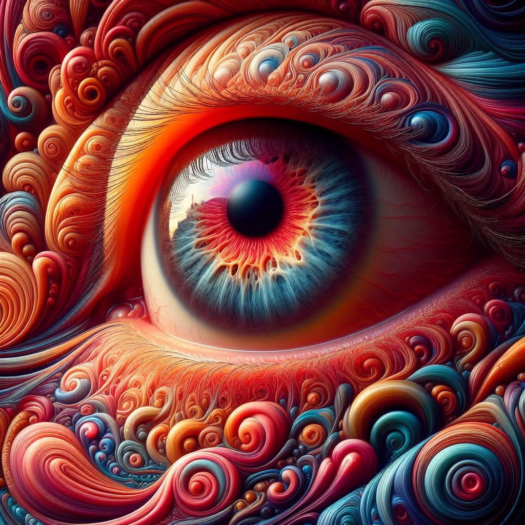AI generated: a close up of a close up of a person's eye, painting, colorful redshift render, alien plants and ani...