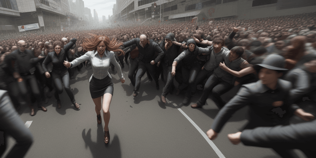 AI generated: A woman walking quickly, breaking through the reckless crowd , panoramic