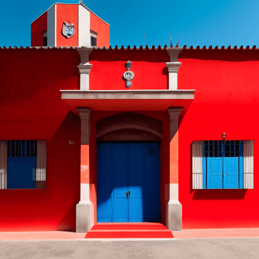 AI generated: LA FACHADA DEL COLEGIO EN COLOR AZUL ROJO Y PLOMO 

