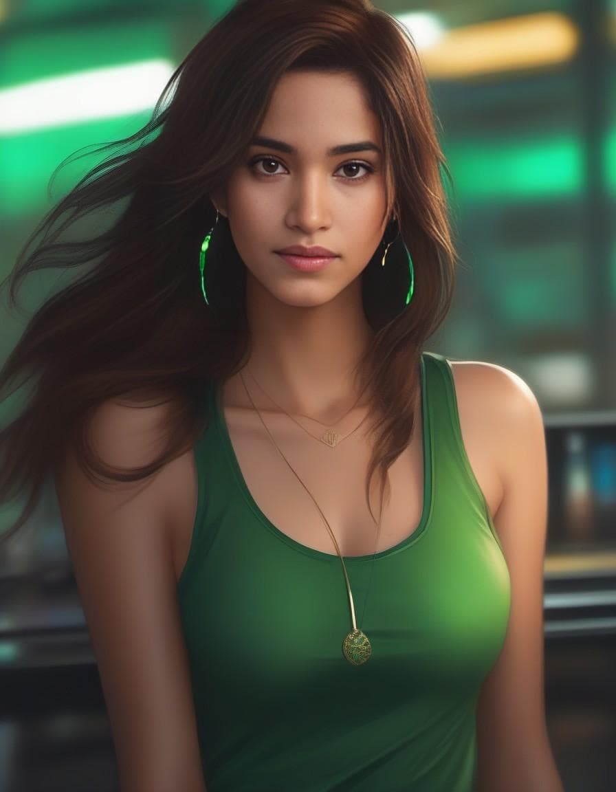 AI generated: girl with green hair highlights in tank top, long brown hair, in the style of hyper-realistic atmosp...