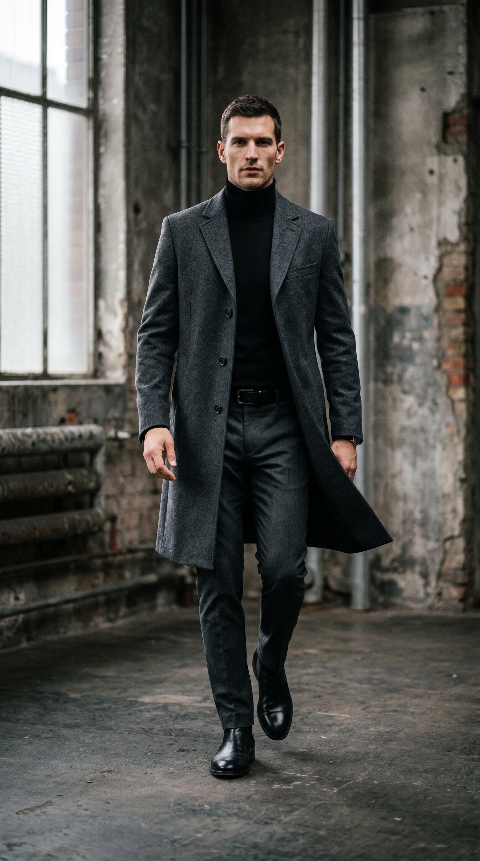 AI generated: Create a fashion image of a male model dressed in a long, tailored coat layered over a monochrome ou...