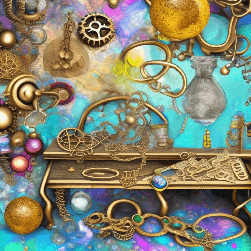 AI generated: digitally creative psychedelic collage, steampunk, alchemist, chemistry, jewelry designer, diamonds,...
