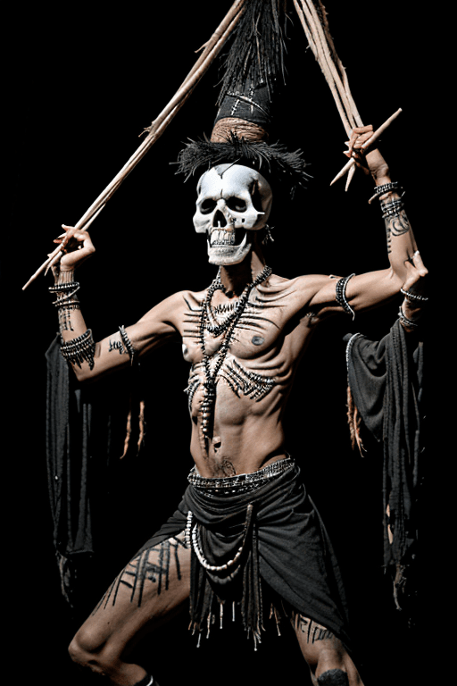 AI generated: Male voodooist's performing voodoo scene,  performing ritual, voodooist's dressed in voodoo clothes,...