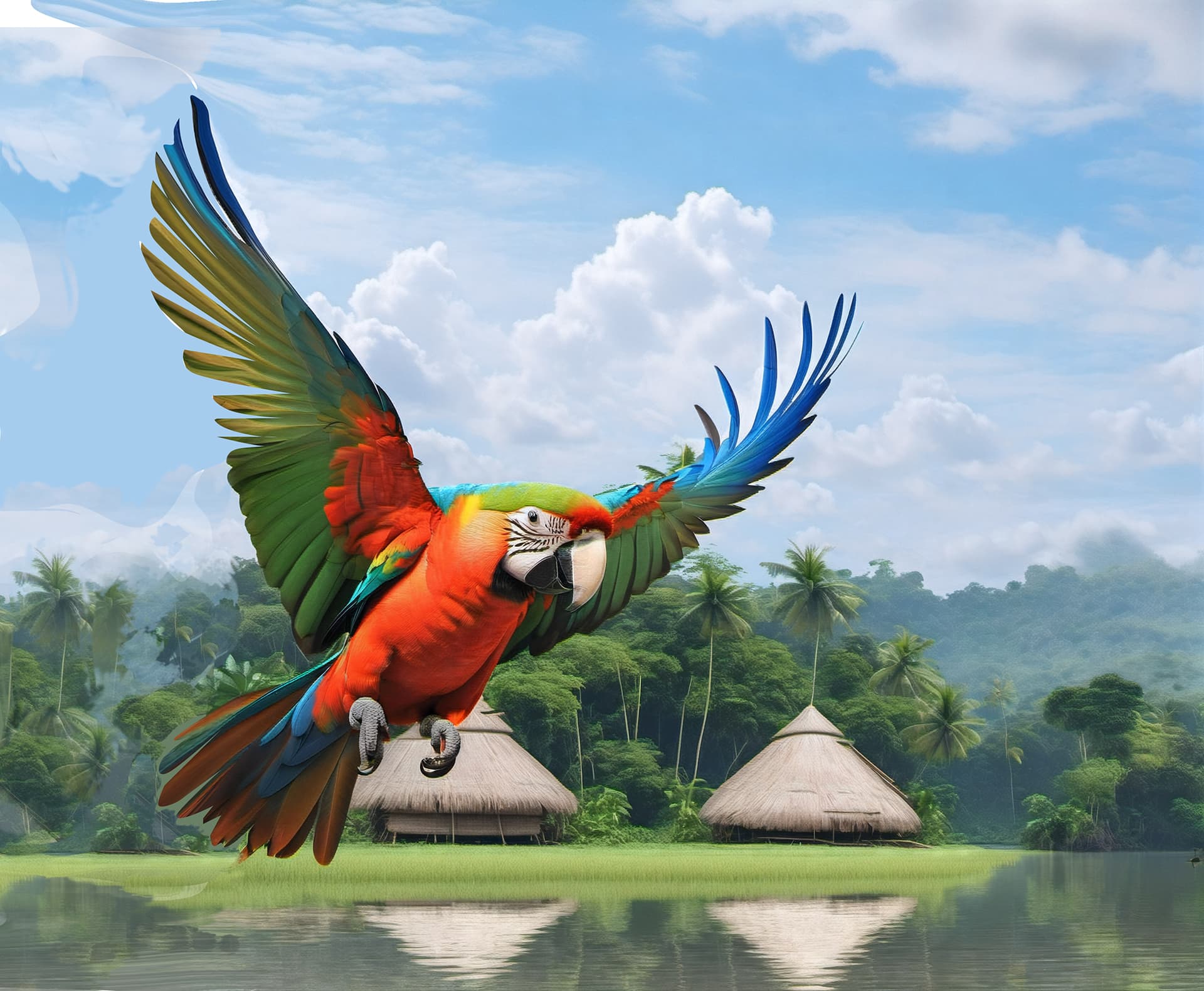 AI generated: In the Amazon River there is a parrot flying and there are thatched huts on the river bank. Highly d...