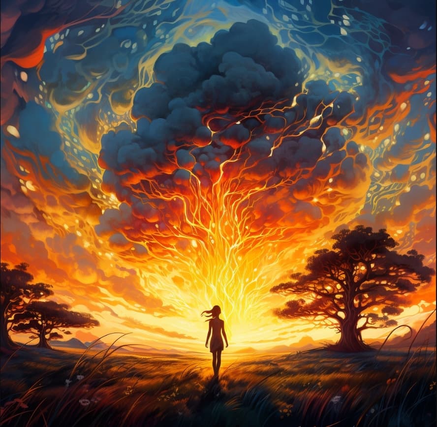 AI generated: a painting in which a woman in a field with trees and clouds, in the style of dan mumford, alchemica...