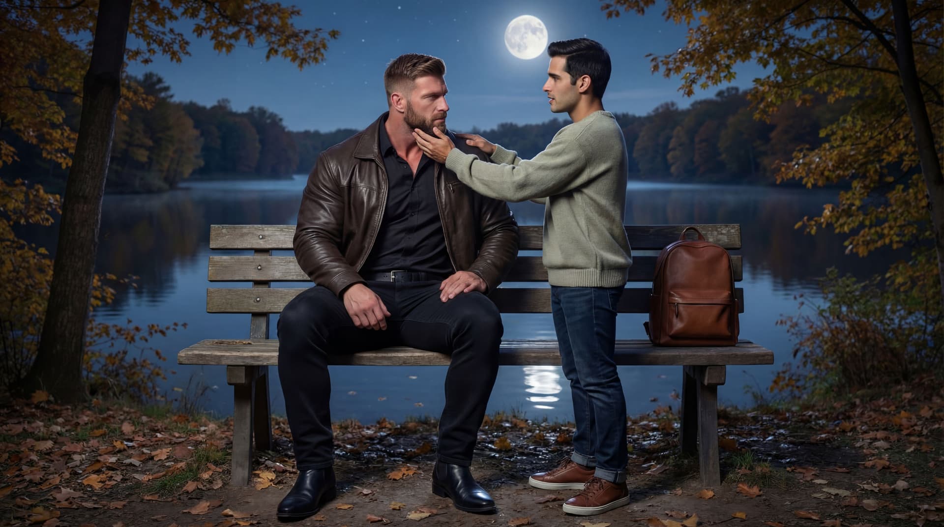 AI generated: On a Autumn night outside under a wooden area full of trees. 

The bodybuilder is tall, he is 6 feet...