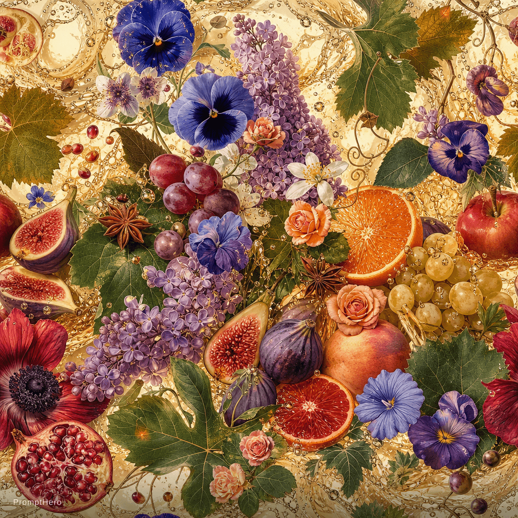 AI generated: 

square very high res, high detail, composizione tema fiori, vino, frutta, stile elegante, raffinat...