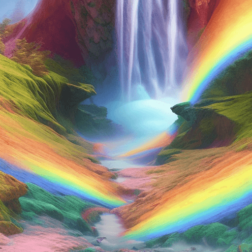 AI generated: Rainbow Waterfalls flowing up to the cliffs above on Pluto, Photorealistic, Digital Masterpiece, Abs...