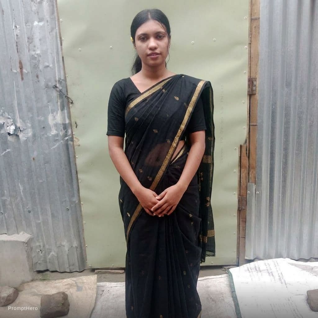 AI generated: Remove her dress. Wearing a back saree. Show her navel.