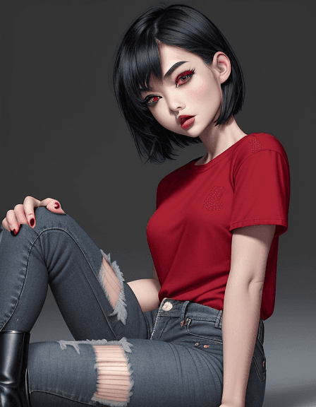 AI generated: (25:1.3) year old (sexy:1.3) (asian:1.1) (woman:1.1) with (dark:1.2) short hair, red eye shadow, wea...