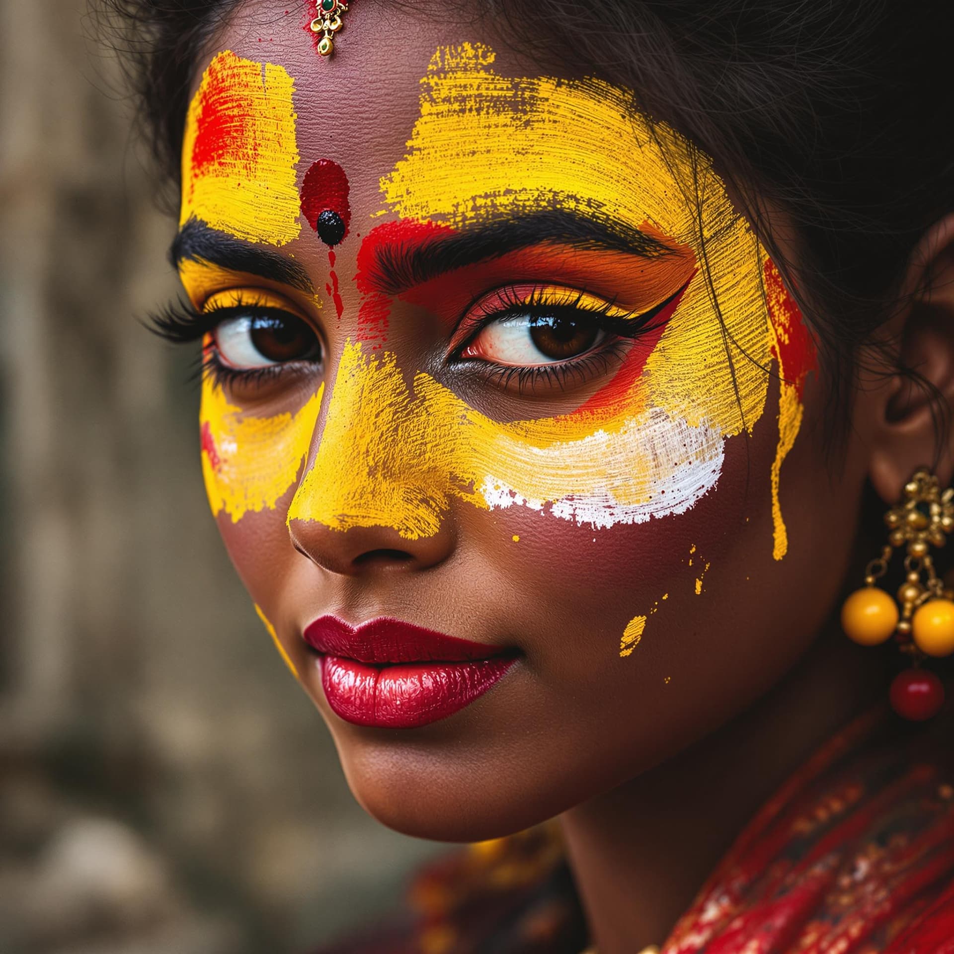 AI generated: Modern Indian Kerala girl with paint on her face, in the style of different colors, master of ink, a...