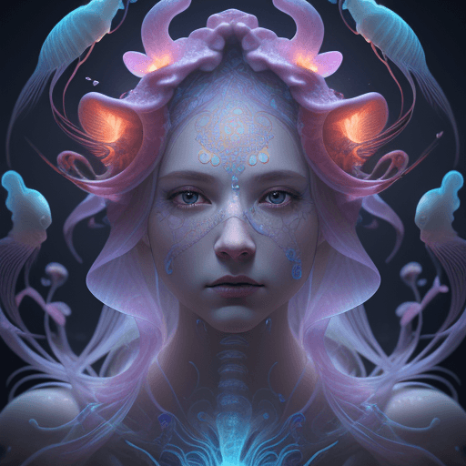AI generated: Goddess close-up portrait ribcagel. jellyfish phoenix head, nautilus, orchid, skull, betta fish, bio...