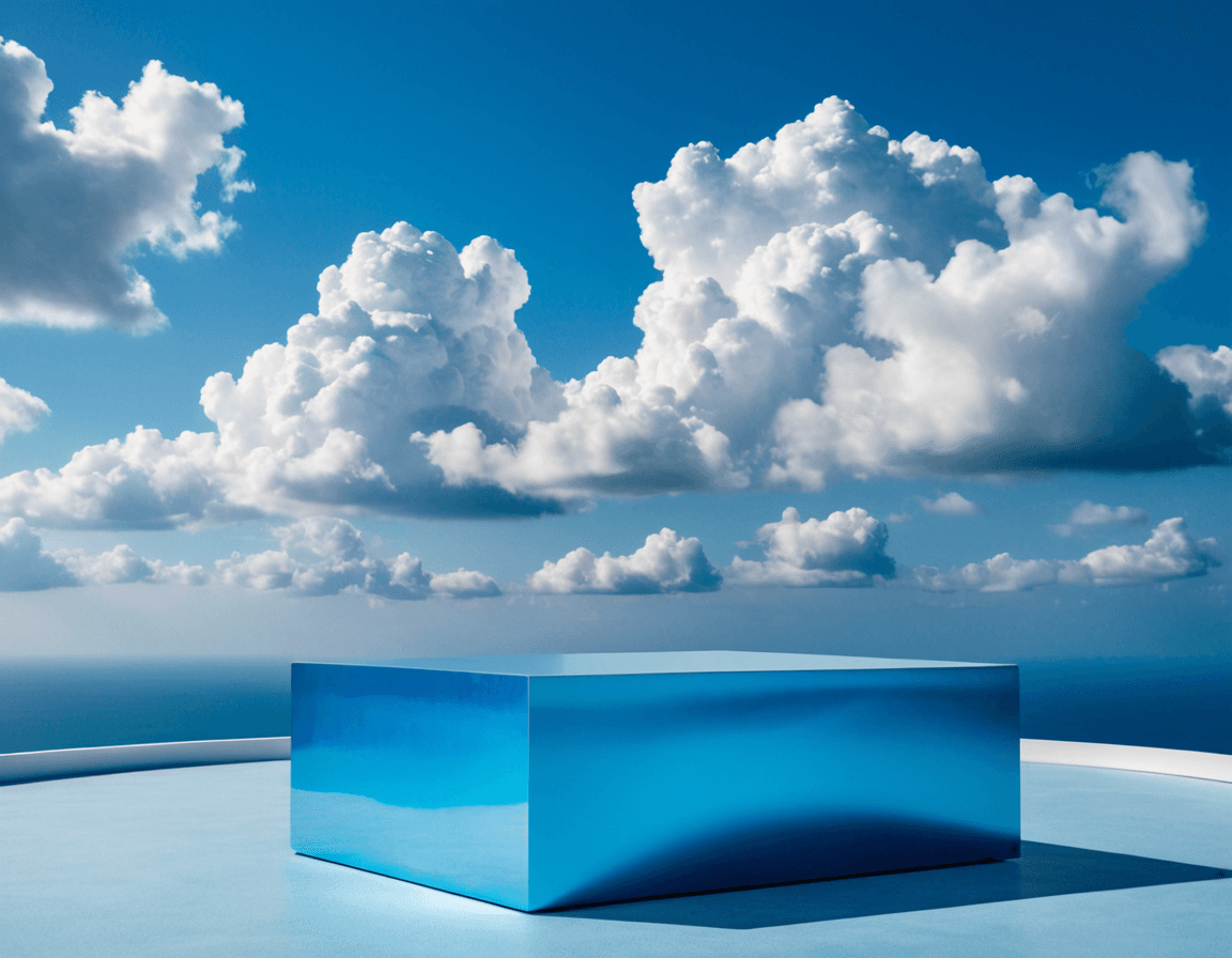 AI generated: Product photography, beautiful blue podium for product, super detalised and fashion, with puffy clou...