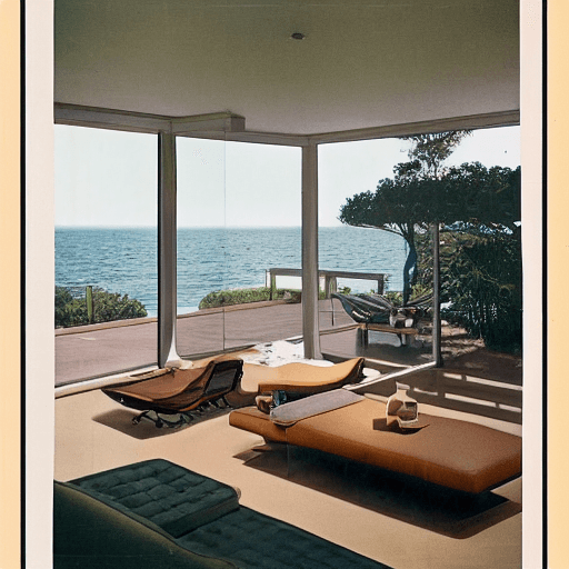 AI generated: hyper realistic eye level exterior photo of a mid century modern style house overlooking the ocean, ...