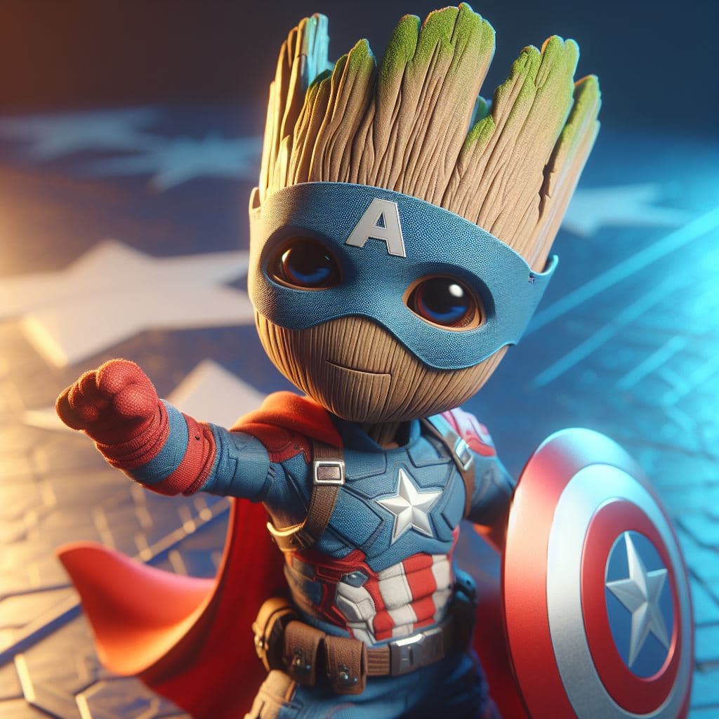AI generated: Baby Groot of Marvel, disfrazado de capitán américa, masterpiece, 8K, octane render, ray-tracing