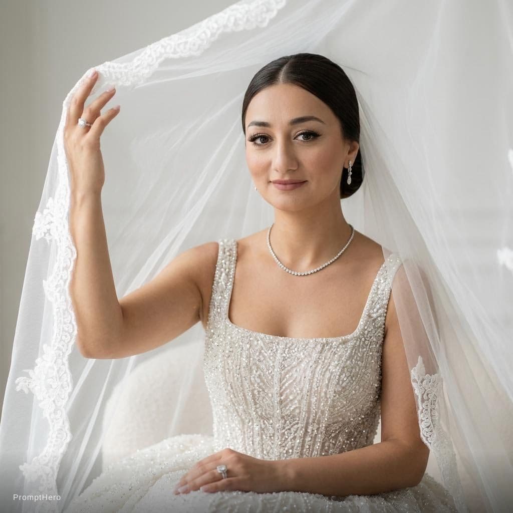 AI generated: {
  "subject_and_concept": {
    "exact_subject": "A beautiful bride, identical to the woman in imag...