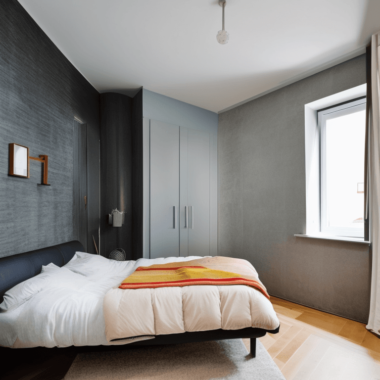 AI generated: Scandinavian bedroom interior design bedroom, 3x3m² space, double bed, workspace, wardrobe, and en-s...