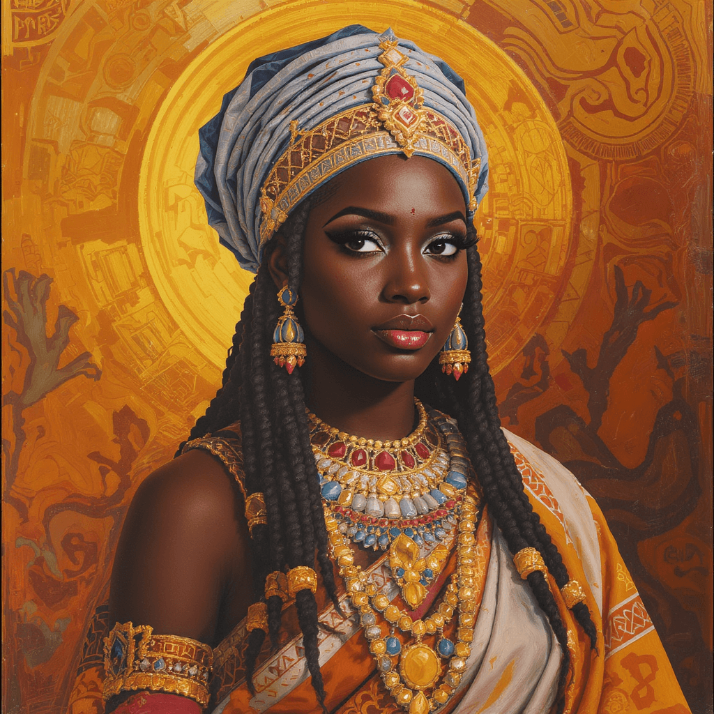 AI generated: acrylic highly detailed image of a Makeda – The Queen of Sheba wearing traditional clothes and a cro...