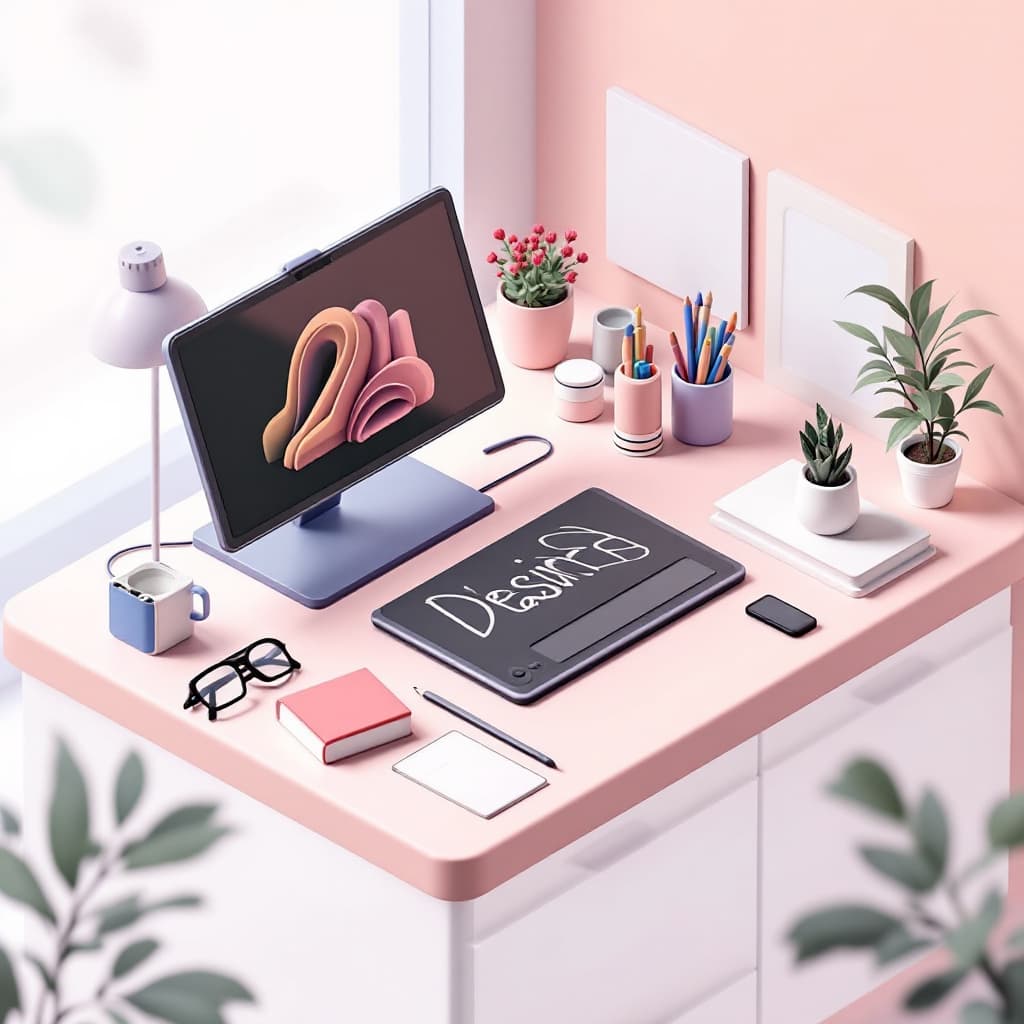 AI generated: Designer Workspace
Drawing Tablet, Sketchbook
Pastel tones, soft light
3D minimal pastel clay render...