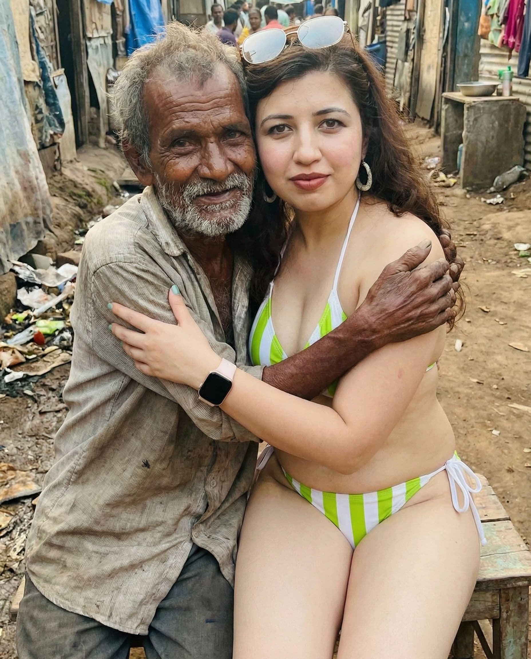 AI generated: An old ugly man hugs her close up hd image 