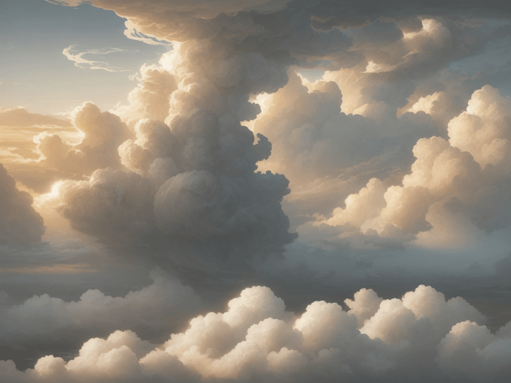AI generated: the image is a sweeping landscape of clouds and sky, with a large window behind her that allows the ...