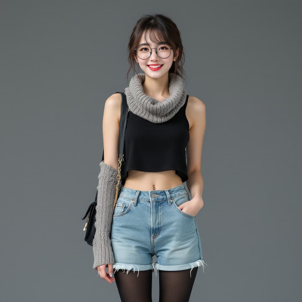 AI generated: a Japanese women,Japanese girl, wearing a dark black tanktop, knitted cowl crop, jean shorts and bla...