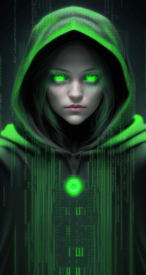AI generated: A close-up shot of the enigmatic female hacker's face emerges from a glowing, green-binary-code-embe...