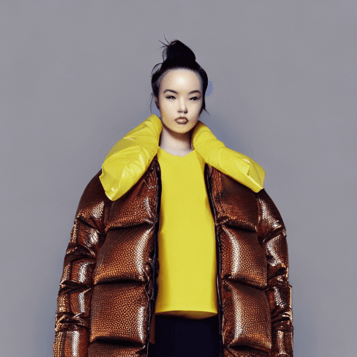 AI generated: well lit fashion shoot portrait of extremely beautiful female wearing massively over size puffer jac...
