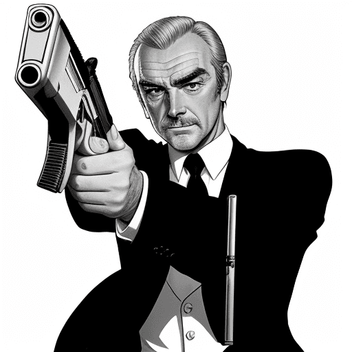 AI generated: Sean connery at 31 with a gun black and white shot, in the style of celebrity and pop culture refere...