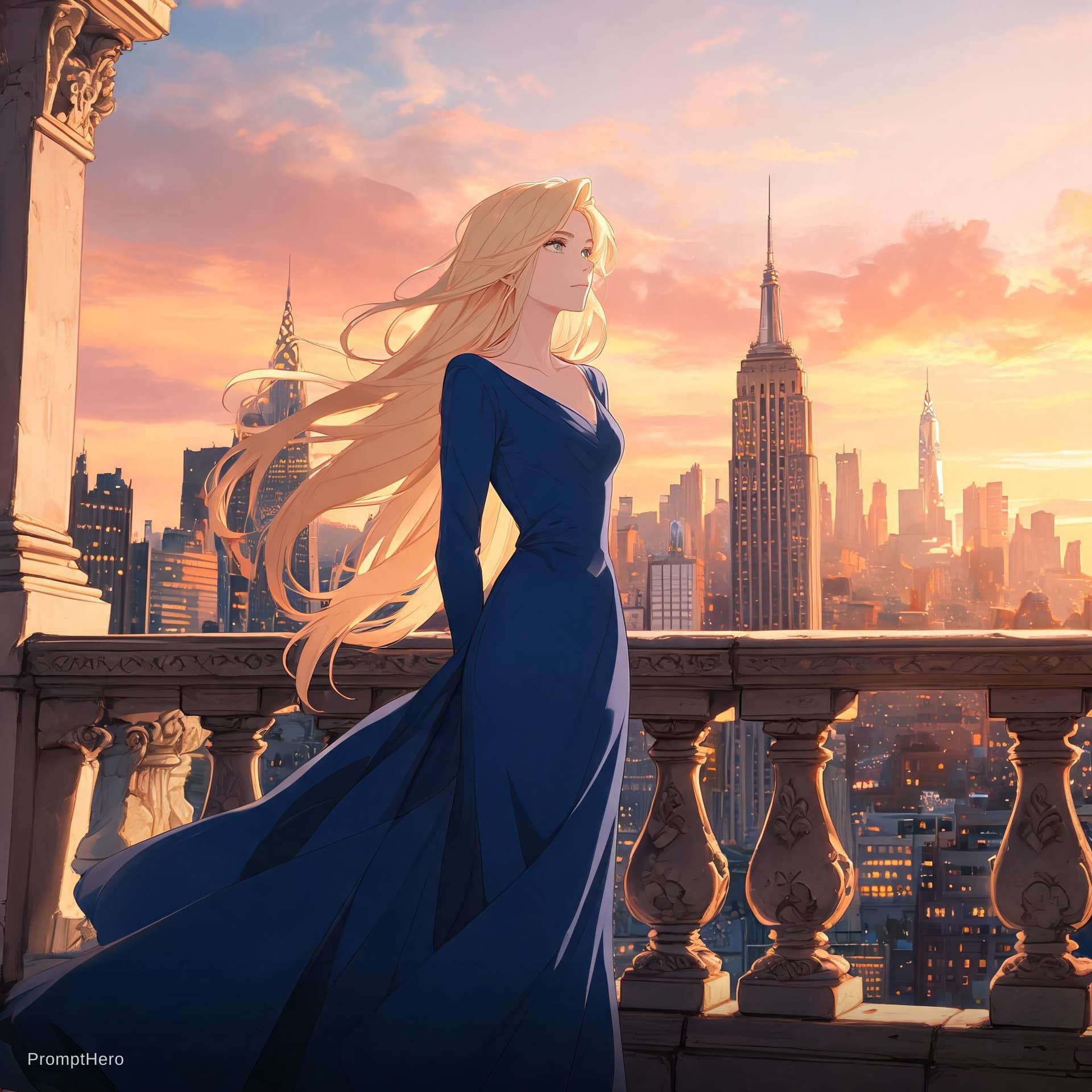 AI generated: Een elegante volwassen vrouw in een stijlvolle blauwe avondjurk staat op een klassiek balkon met uit...