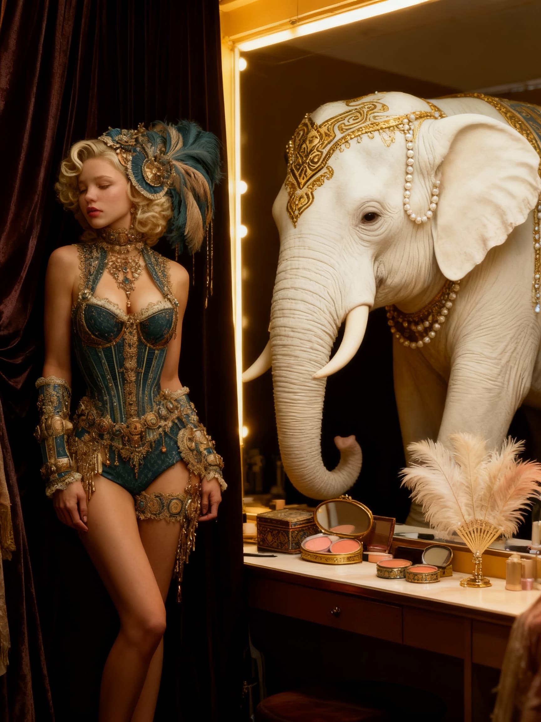 AI generated: 1920 CABARET BACKSTAGE WITH WHITE ELEPHANT REFLECTION