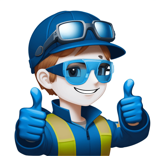 AI generated: make an emoticon with safety glasses a blue safety had and a thumbs up