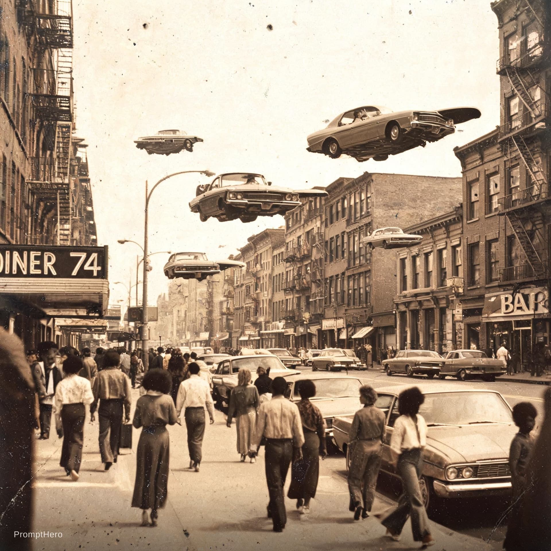 AI generated: foto de una calle en 1974 con coches voladores circulando como si fuera algo normal, gente conducien...