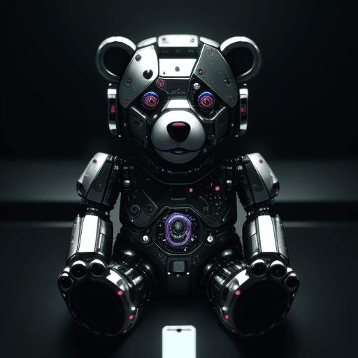 AI generated: create a cute toy bear, sharp focus, cyborg, made with mechanical parts, mechanical body, shiny, cyb...