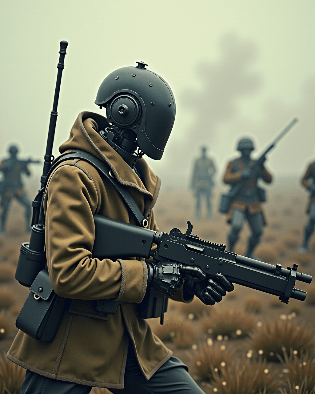 AI generated: a realistic photo of world war one cyborg soldiar, one hand robot, futurastic gun, in a aggrasive ba...