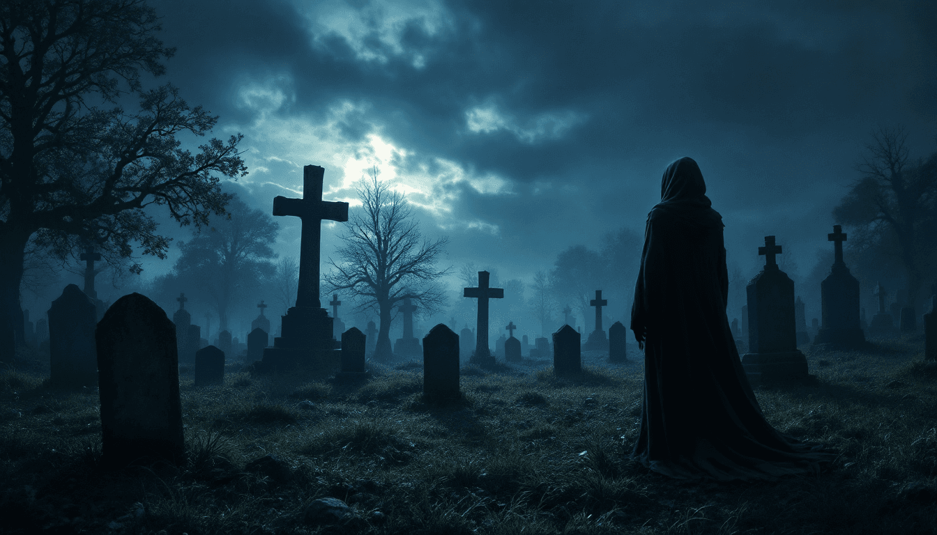 AI generated: In the graveyard gloom, 'neath a clouded sky Shadows dance and whisper, as the cold winds sigh Tombs...