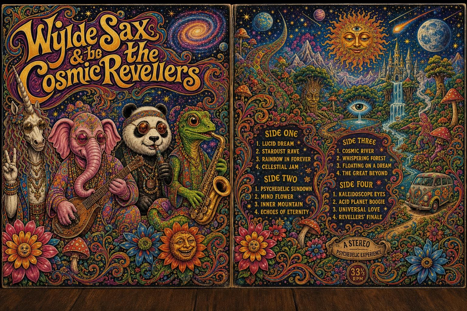 AI generated: Vinyl record double LP embossed album cover, late-60s psychedelia style, opened to reveal vibrant le...